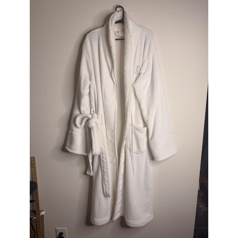 Pottery Barn White Fleece Robe M Ivory Sherpa Trim Monogram D Plush Spa Bathrobe